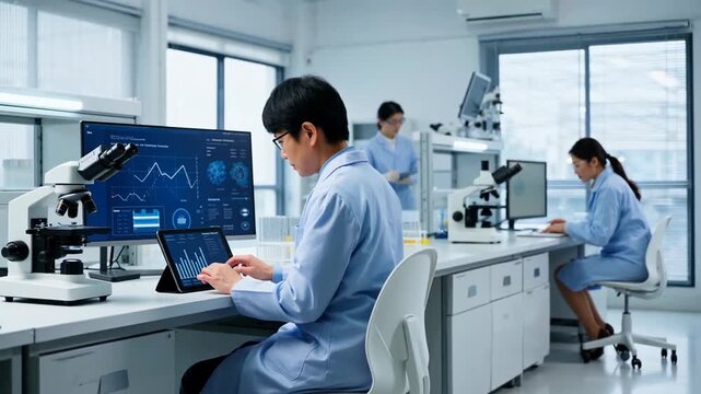 A team of young scientists in lab coats engaged in research and data analysis in a modern laboratory with advanced equipment