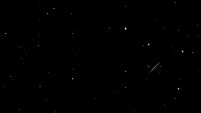 Animated shooting star video with twinkling stars background in a black sky. 4K twinkling stars animation for night sky backgrounds, cinematic motion graphics, space visuals, and video editing