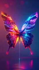 Vibrant Neon Low Poly Butterfly With Glowing Crystalline Wings And Symmetrical Design