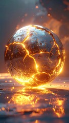 Luminous Fiery Sphere With Glowing Cracks Reflecting On Wet Dark Ground