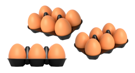 Plastic trays filled with neatly stacked brown eggs, isolated on white transparent background. Concept of egg variety and food industry