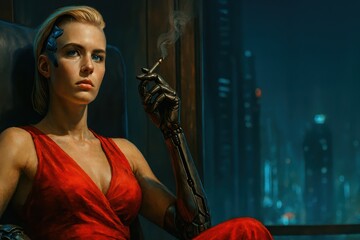 Serious Corporate Cyborg Woman In Red Dress Smoking With Mechanical Arm Portrait