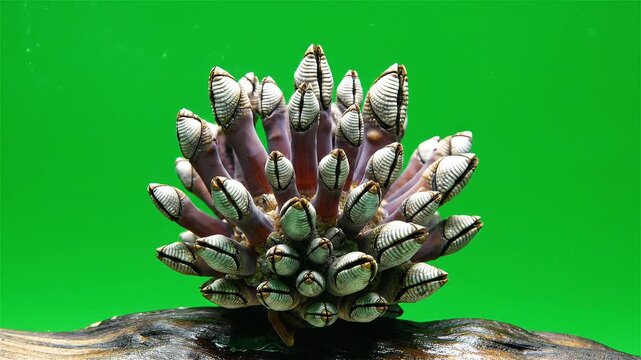 Goose barnacles clustered on a piece of wood against a vibrant green background in an aquatic setting.