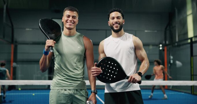 Teamwork, padel and game with face of men on court for fitness, challenge and workout. Competition, tennis player partner and contest with people in sports club for athlete, tournament and training