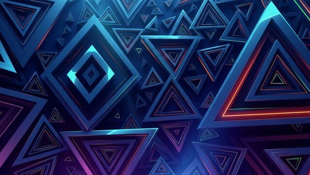 Pola geometris yang semarak dengan segitiga bercahaya berwarna biru.