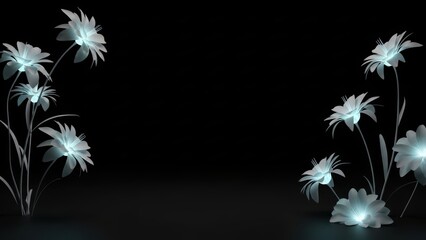 The black background is framed with beautiful white abstract flowers glowing brightly in the dark of the night