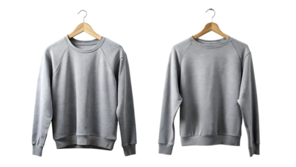 Two gray sweatshirts on wooden hangers isolated on a transparent background clothing fashion apparel