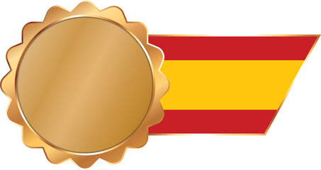 A shiny gold award seal featuring a circular metallic center with a flag of Spain on ribbon with gold outline