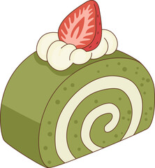 Illustration of a Matcha Green Tea Roll Cake with Whipped Cream and Strawberry for Bakery and Cafe Dessert Menu