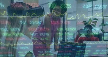 Animation of graphs and trading board over multiracial coworkers using vr headsets and discussing - Powered by Adobe