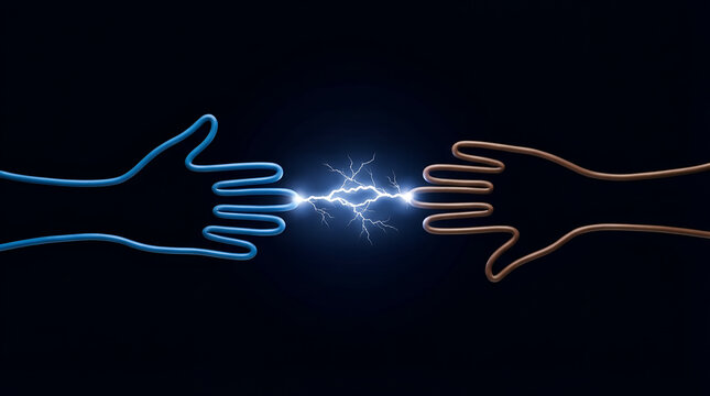 Deux mains stylis&eacute;es sous forme de c&acirc;bles bleu et marron reli&eacute;es par un arc &eacute;lectrique sur fond noir