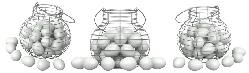 Wire baskets filled with white eggs, isolated on white transparent background, concept of kitchen...