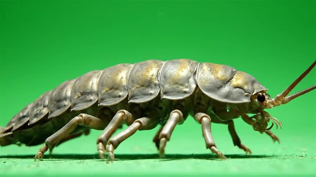 Detailed close-up of a large, segmented arthropod with multiple legs on a vibrant green background.