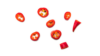 Red chili pepper slices on a white background. High quality photo