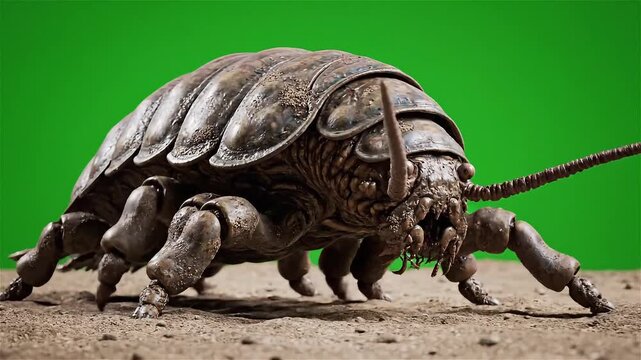 Detailed CGI render of a large, segmented insect-like creature on sand with a green screen background.