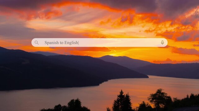 A person types a query in the address bar looking for a Spanish to English translation. The search box is shown with a sunset background.