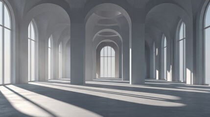 Obraz premium Sunlit minimalist interior with arched windows and expansive space