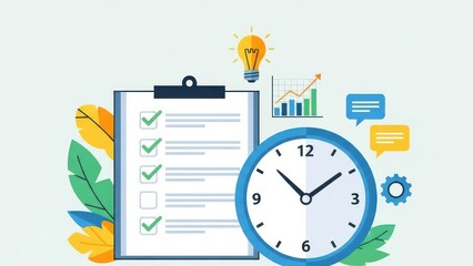Obraz premium Checklist and Clock with Business Graphics in Bright Clean Lighting for Planning and Productivity