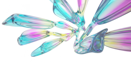 Surreal iridescent crystal shards in pastel blue, pink, purple and teal with rainbow reflections. Dynamic abstract 3D composition. PNG format, transparent background.