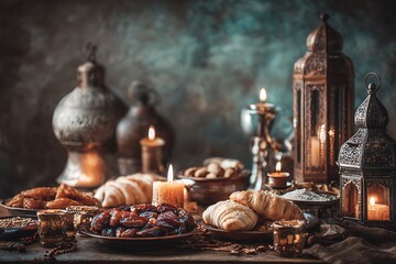 Obraz premium Traditional Ramadan iftar table setting with lanterns, food, and decorations viewed from a low angle