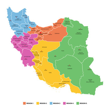 Iran, regions and provinces, colored political map with borders and capital cities. The 31 provinces are grouped into five regions, used for governmental administration. Isolated illustration. Vector
