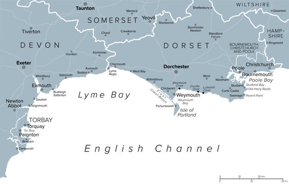 Jurassic Coast of England, UK, gray political map. Also known as Dorset and East Devon Coast, a site on the English Channel coast of southern England, stretching from Exmouth to Studland Bay. Vector