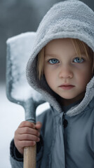 Child with snow shovel close-up