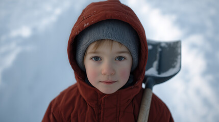 Child with snow shovel close-up
