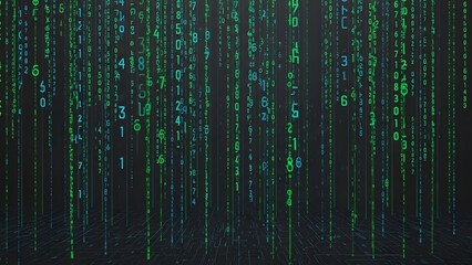 Abstract digital matrix background with falling green and blue numbers and binary code on a dark technological grid.