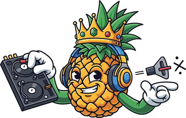 DJ pineapple wearing headphones and crown spinning records with speakers and music notes