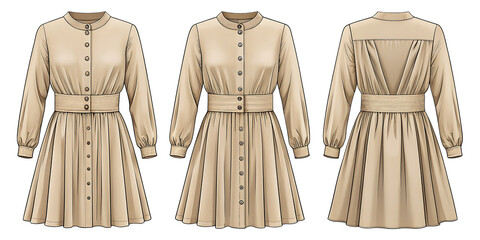 Beige dress with buttons and belt isolated on a transparent background long sleeves
