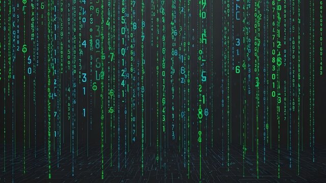 Abstract digital matrix background with falling green and blue numbers and binary code on a dark technological grid. - Powered by Adobe