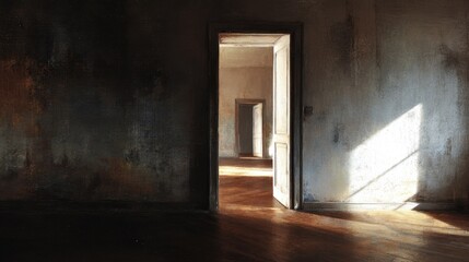 Obraz premium Sunlit hallway and open door in vintage interior decor setting