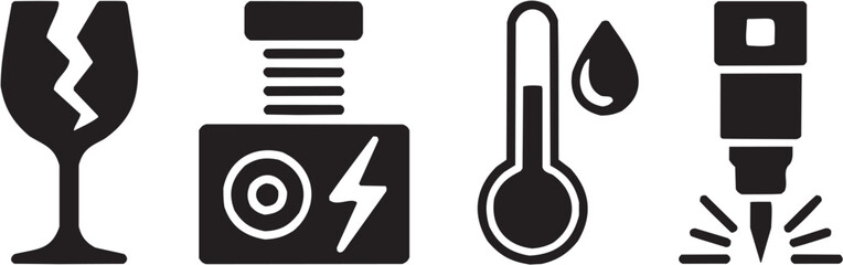 Conjunto de iconos vectoriales de servicios eléctricos: enchufe, termómetro, energía, temperatura, instalación, mantenimiento en silueta negra.