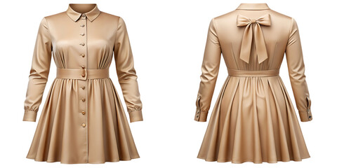 Beige satin dress with bow on back isolated on a transparent background