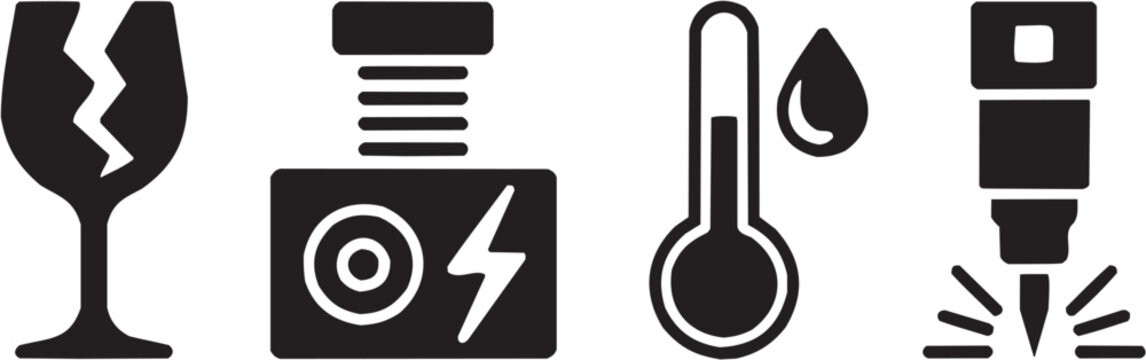 Conjunto de iconos vectoriales de servicios el&eacute;ctricos: enchufe, term&oacute;metro, energ&iacute;a, temperatura, instalaci&oacute;n, mantenimiento en silueta negra.