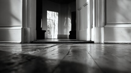 Mysterious sunlit interior with open door and wooden floor for creative design