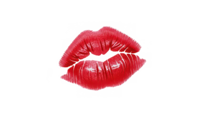 A vibrant red lipstick kiss mark stands out against a stark black background, symbolizing passion and love isolated on transparent background