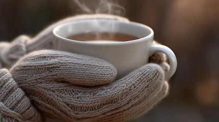 Gloved hands with tea cup
