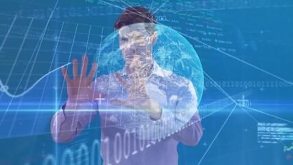 Animation of globe, binary coding, financial data processing over caucasian businessman - Powered by Adobe
