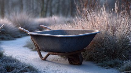 Icy wheelbarrow in garden