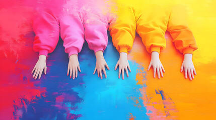 Colorful hands reach out from vibrant backgrounds during a creative art activity in a bright space