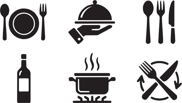 cono vectorial de servicio de comida: bandeja, olla, mano, vapor en silueta negra.  