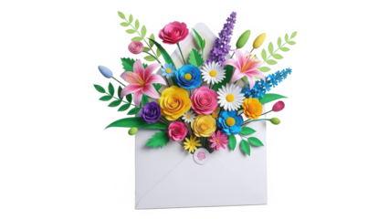 A beautiful paper craft bouquet of vibrant flowers spilling out from a white envelope isolated on transparent background