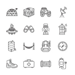 Collection of Outdoor Adventure and Survival Gear Icons for Travel and Recreation