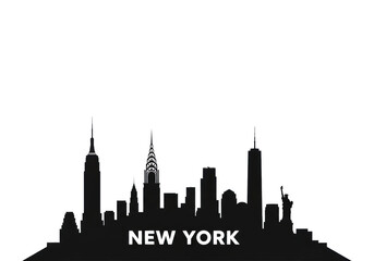 Fototapeta premium pure matte black vector silhouette of the iconic new york city skyline (empire state building, statue of liberty) on a sterile white background with vast negative space above for copy. Concept for