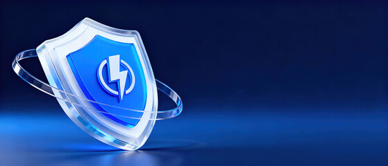 Futuristic Digital Shield with Lightning Symbol, encircled by a glowing ring, Ideal for cybersecurity branding, tech service promotions, IT presentations, or fast-security campaign visuals.