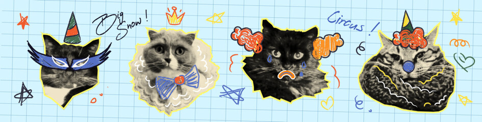 Funny halftone cats with doodle accessories on grid background. Vector realistic illustration of cute pet stickers, animals wearing birthday hat, circus clown nose and hair, royal crown, meme art © klyaksun