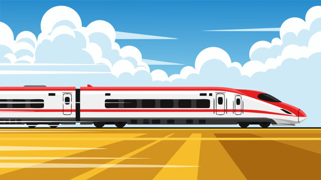 Modern high speed train moving fast on tracks vector illustration with abstract motion blur background