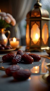 Close-up of dates and water on an elegant table, soft candlelight, Islamic lantern glowing, minimal luxury setup, dark background, shallow depth of field, calm spiritual mood.